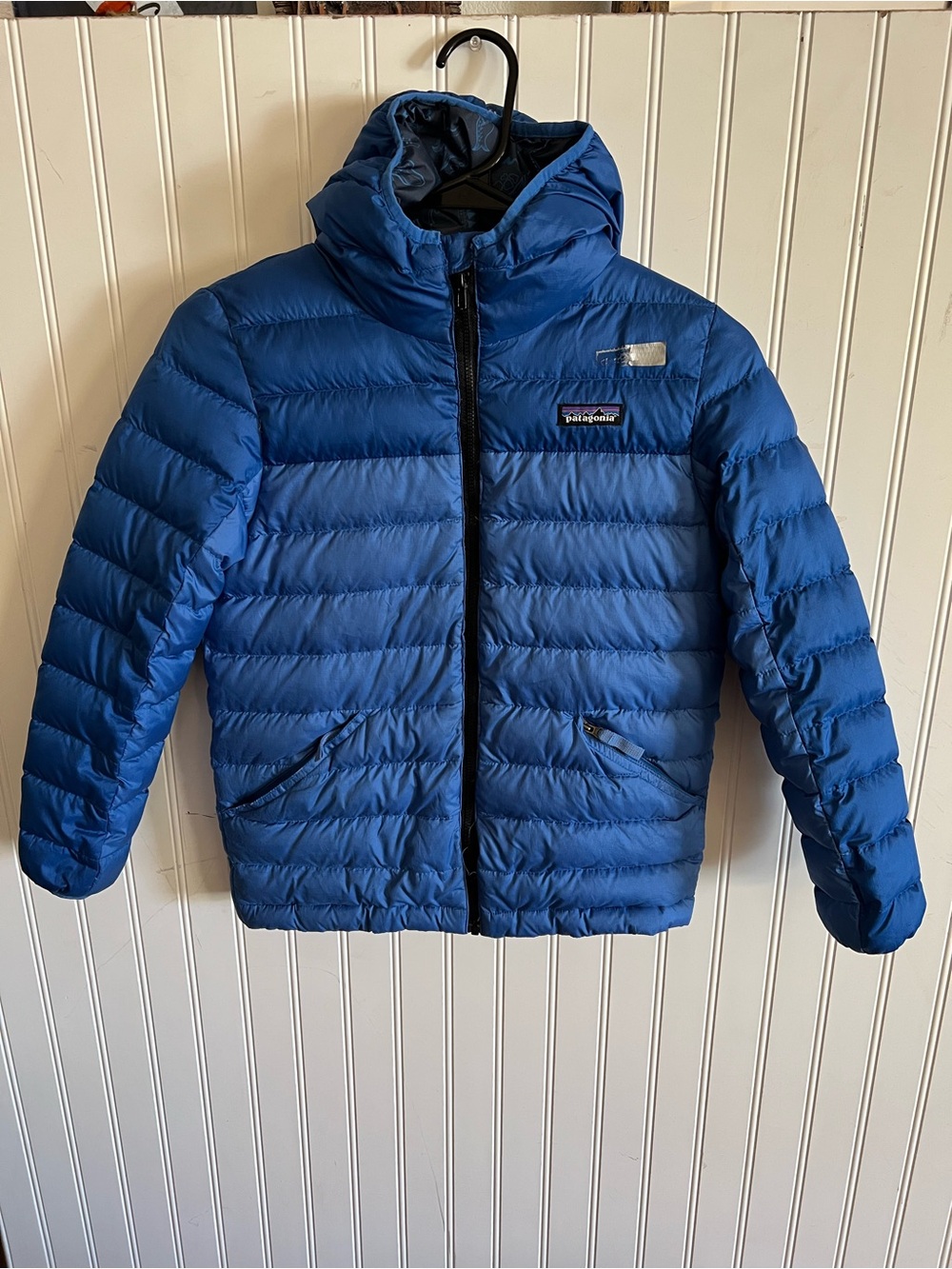 Patagonia Jacket Boys Blue Reversible Down Sweater Hoody Puffer Size M10 - Picture 3 of 11